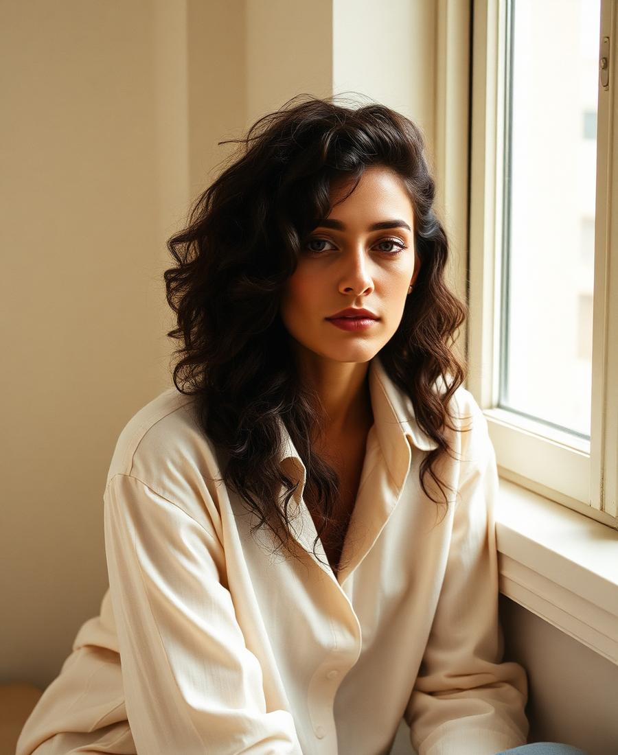 Saved type: woman with dark curly hair in a cream linen shirt